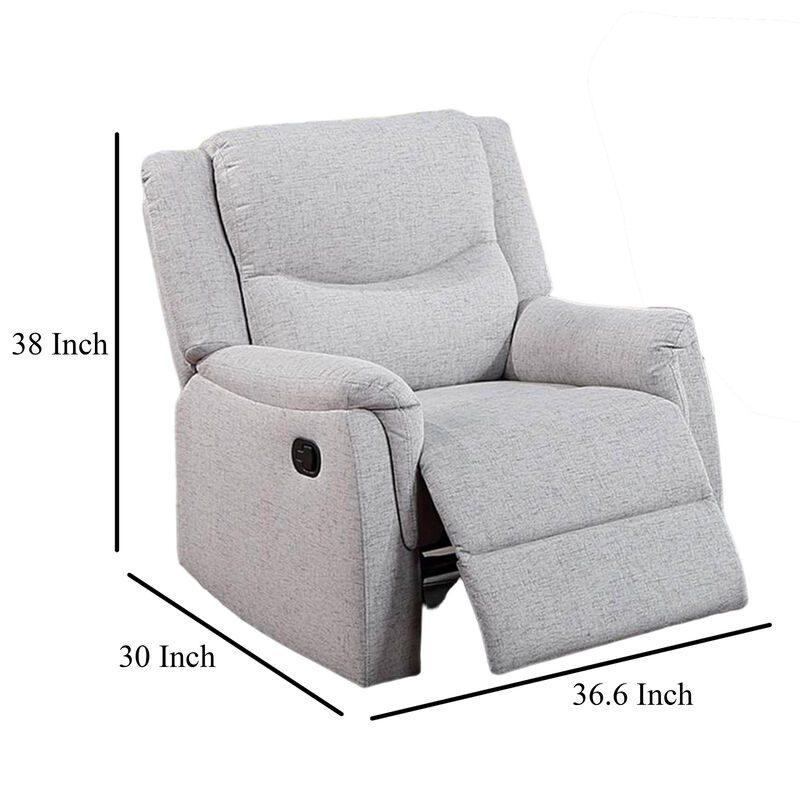 Ammy Manual Recliner Chair, Pillow Arms, Solid Wood, White Faux Burlap - Benzara