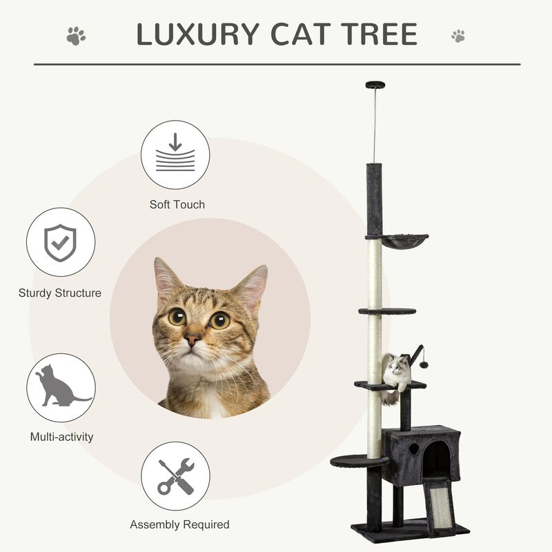 Dark Grey Cat Paradise: 110" Floor-to-Ceiling Climbing Toy with Hammock
