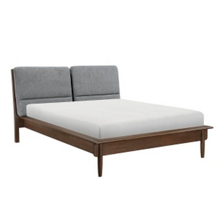 Soly Queen Size Platform Bed, Upholstered Back Panel, Brown, Dark Gray - Benzara