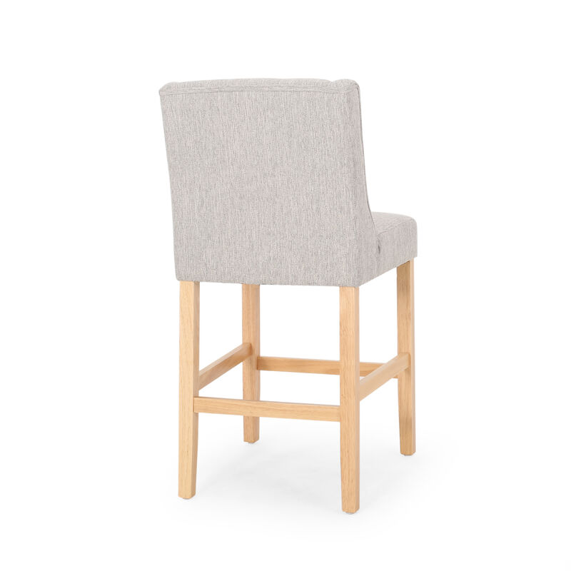 Seliva Counter Stool Chair Set of 2, Light Gray Fabric, Tufted, Brown Wood - Benzara