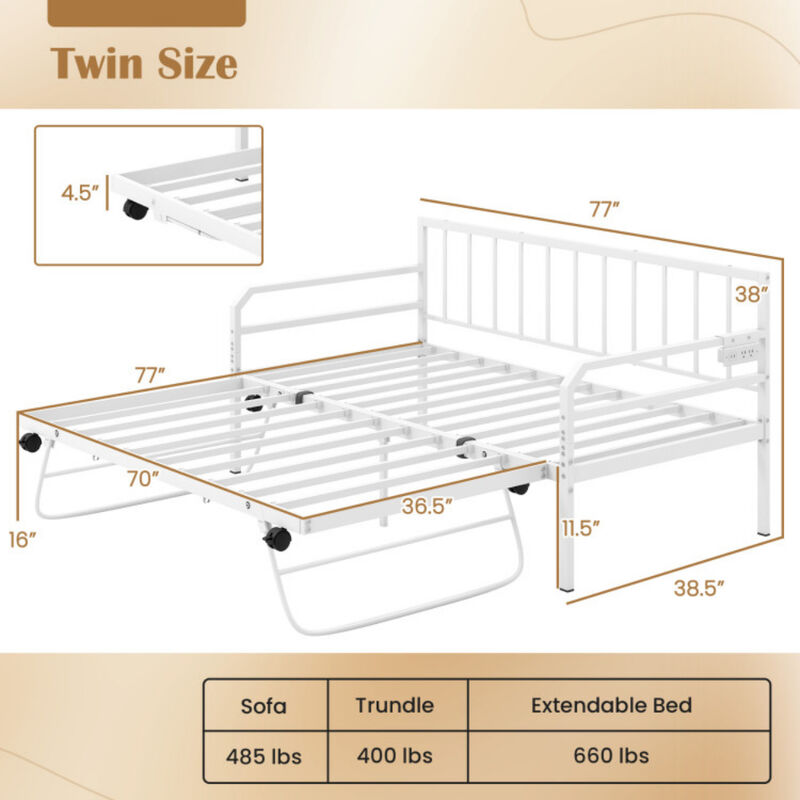 Adjustable Metal Twin Size Daybed with Charging Station and LED Light