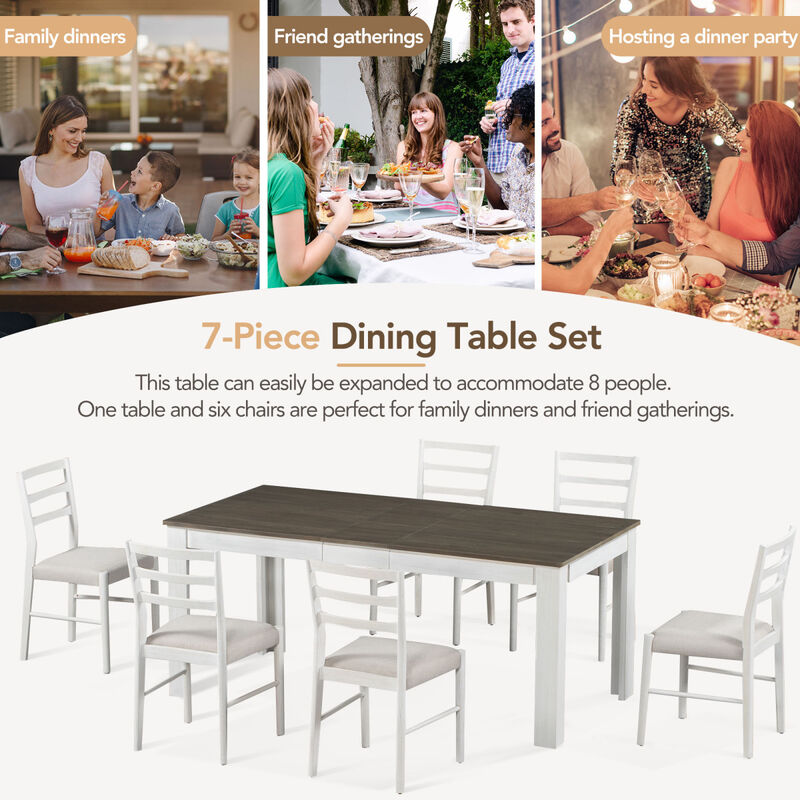 7-Piece Wooden Dining Table Set Mutifunctional Extendable Table With 12" Leaf And 2 Drawers