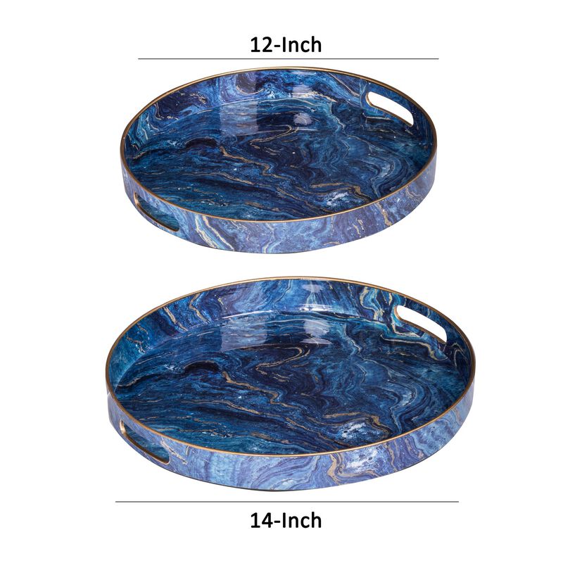 Set of 2 Round Accent Trays, Tabletop Decor, Marbling, Blue, Gold Marbling - Benzara