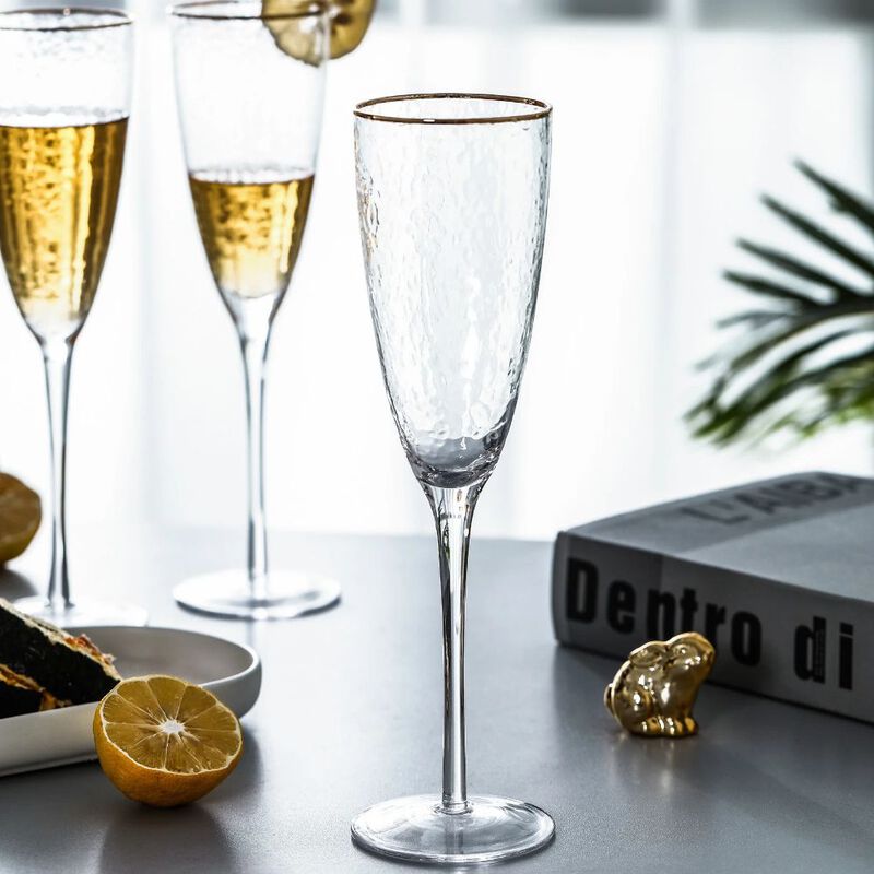 Hivvago Gold Rimmed Hammer Champagne Flutes (8 oz. set of 4)