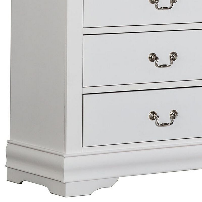 Ryla Tall Dresser Chest, 5 Drawers, Nickel Metal Handles, White Solid Wood