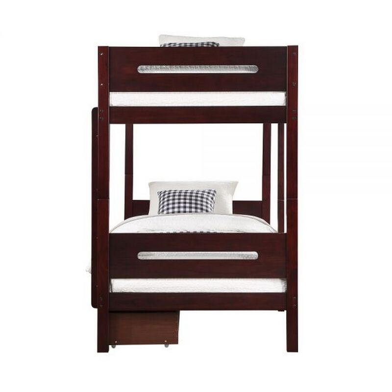 Asin Twin Bunk Bed, Front Facing Ladder, Storage, Solid Pine Wood, Brown - Benzara
