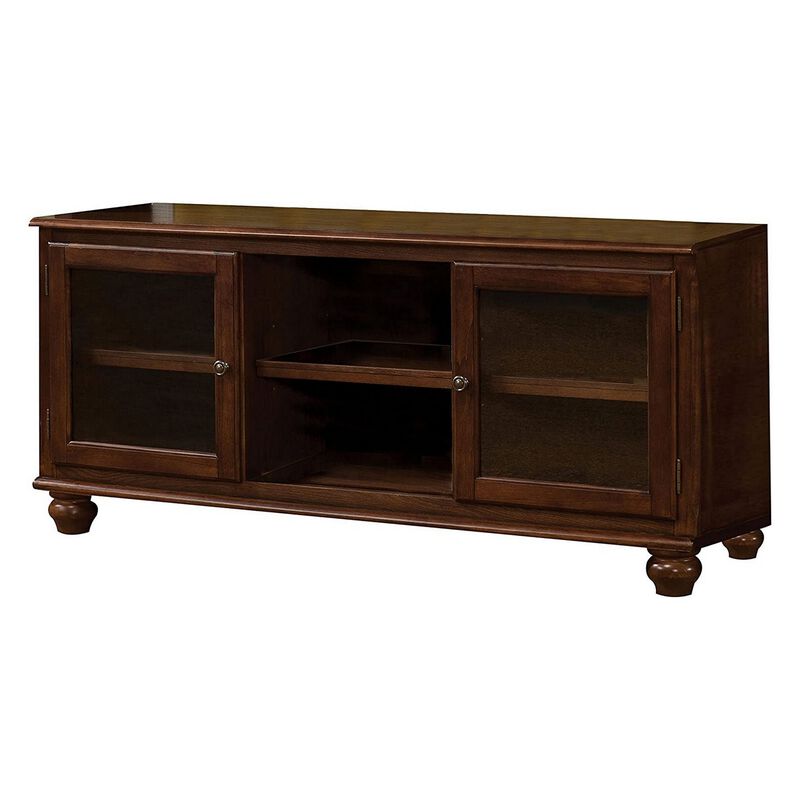 58 Inch Wood TV Entertainment Media Console, 2 Door, 2 Open Shelves, Walnut-Benzara