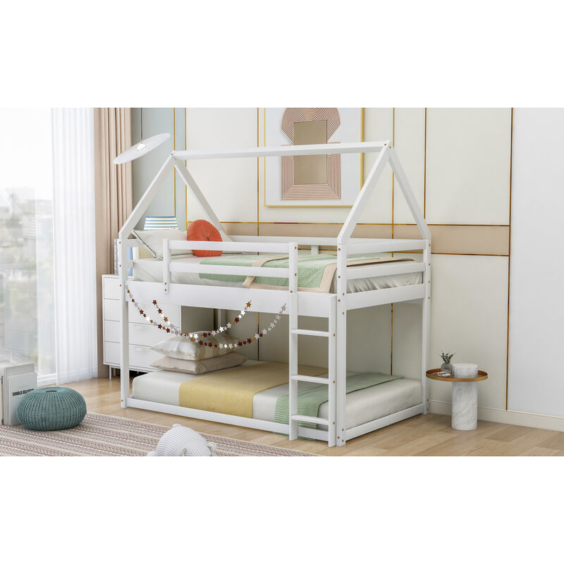 Twin Over Twin Low Bunk Bed, House Bed With Ladder