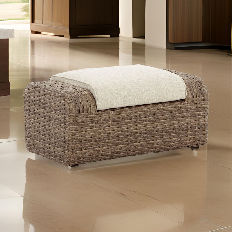 Julia 38 Inch Outdoor Ottoman with Cushion, Resin Wicker, Beige Fabric - Benzara