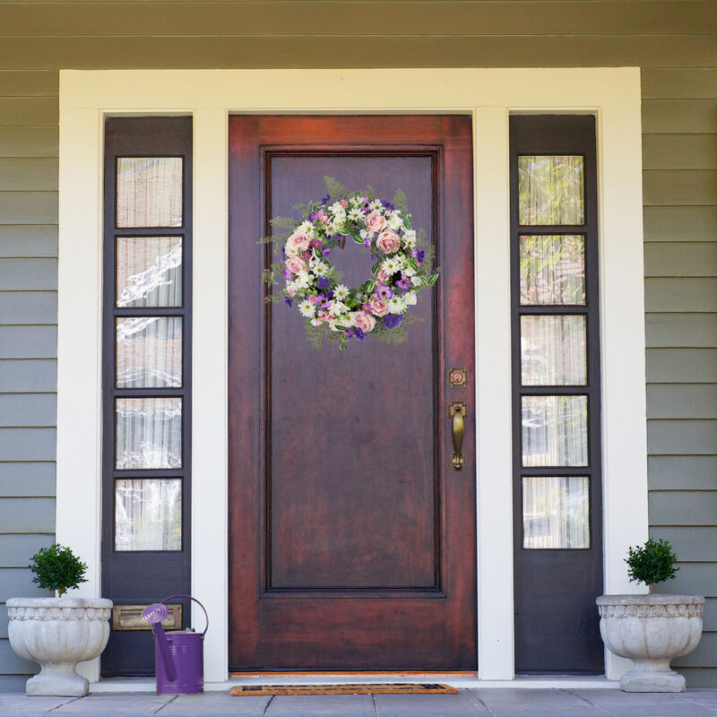 Mixed Floral and Fern Artificial Spring Wreath  24-Inch