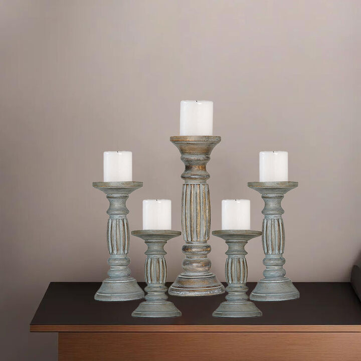 Traditional Antique Dusk Eco-friendly Handmade Mango Wood Set Of Five 6",9",12",9" & 6" Pillar Candle Holder
