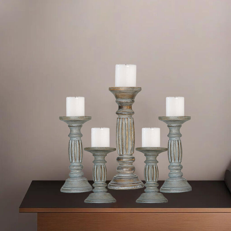 Traditional Antique Dusk Eco-friendly Handmade Mango Wood Set Of Five 6",9",12",9" & 6" Pillar Candle Holder