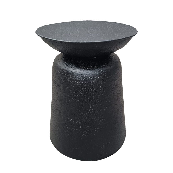Josi 21 Inch Round Side End Table, Handcrafted Hammered Design, Drum Pedestal Aluminum Base, Matte Black - Benzara