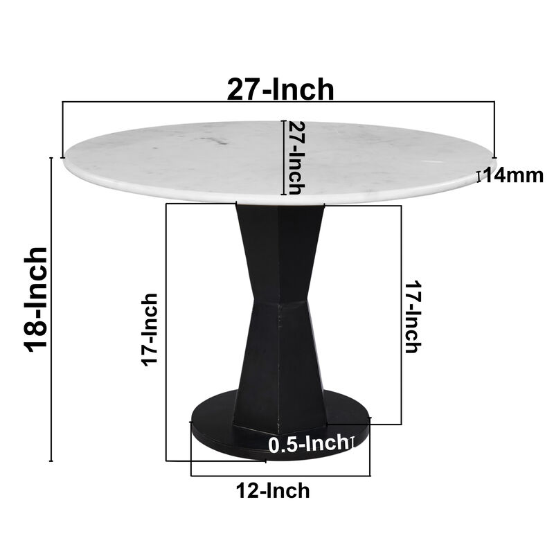 Riko Coffee Table, 27 Inch Round White Marble Top, Modern Black Iron Hourglass Pedestal Base