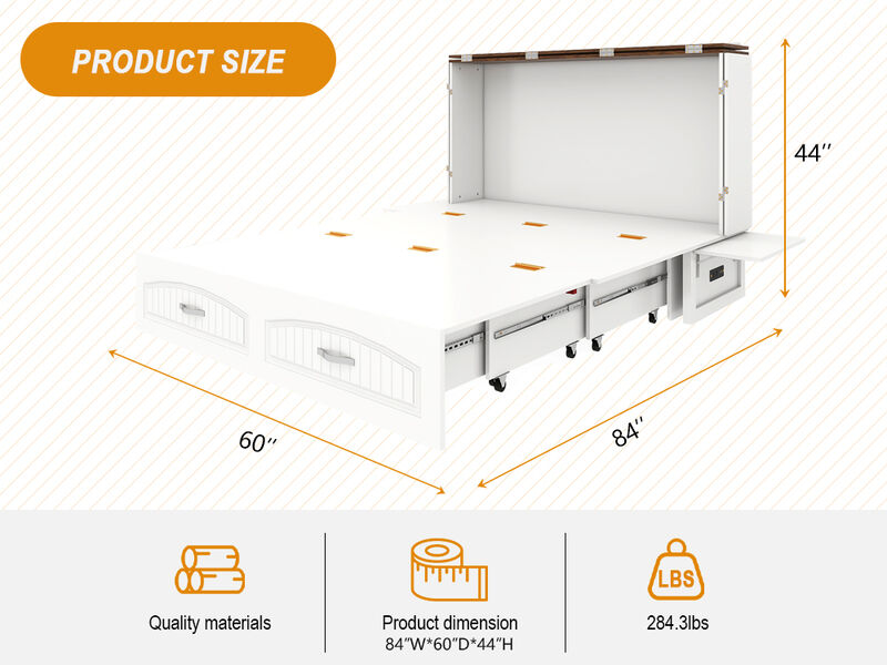 Murphy Bed Cabinet,Murphy Bed Queen with USB and Charging Ports, Murphy Bed Cabinet with Drawer Includes Storage Cabinet,White Cabinet Bed  for Guest Room