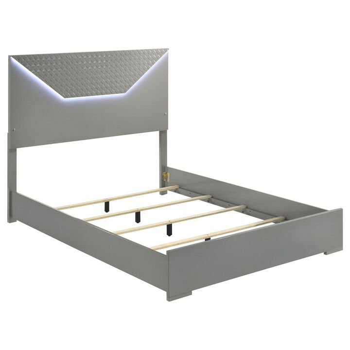 Ivon Queen Size Bed, 3D Embossed LED Headboard, Gray Solid Hardwood - Benzara