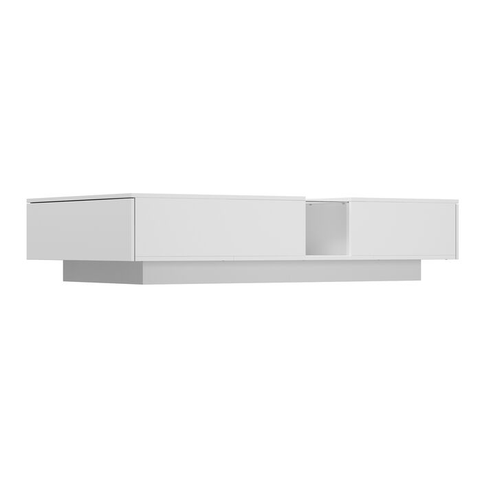 55.1 in. W White Rectangle Wooden End Table, Side Table, Coffee Table with 2-Drawers and Visable Decored Light