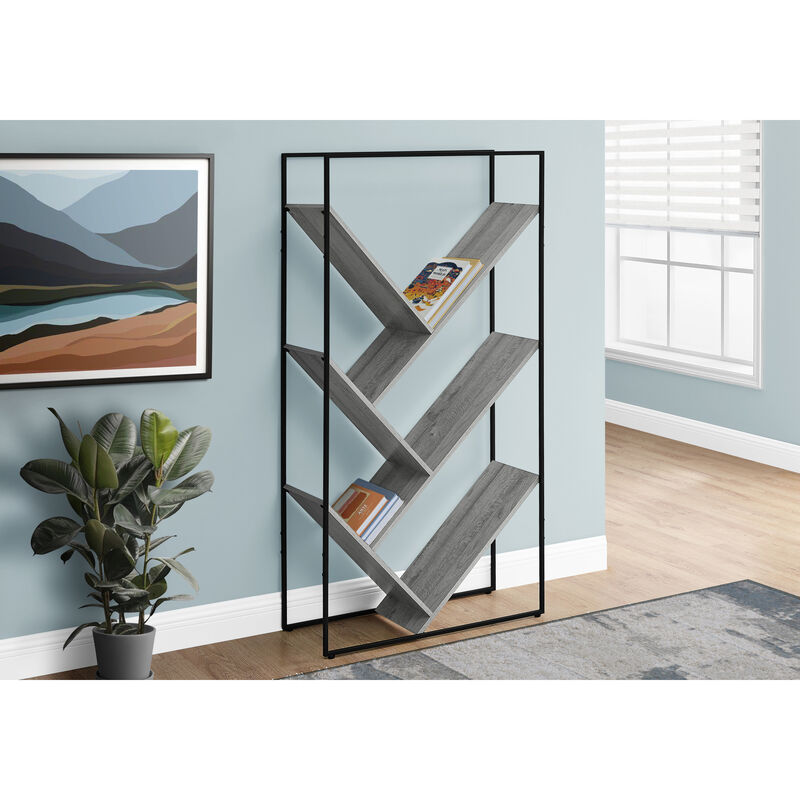 Monarch Specialties I 2200 Bookshelf, Bookcase, Etagere, 3 Tier, 60"H, Office, Bedroom, Metal, Laminate, Grey, Black, Contemporary, Modern