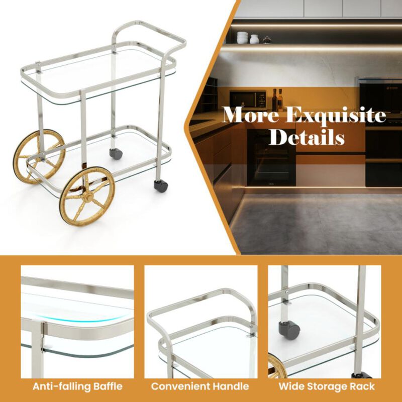 Hivvago 2-Tier Tempered Glass Bar Cart with 2 Large Aluminum Wheels and 2 Rolling Casters