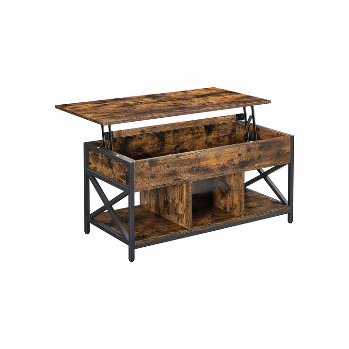 Modern Lift Top Coffee Table - Hidden & Open Compartments with X-Shaped Steel Frame