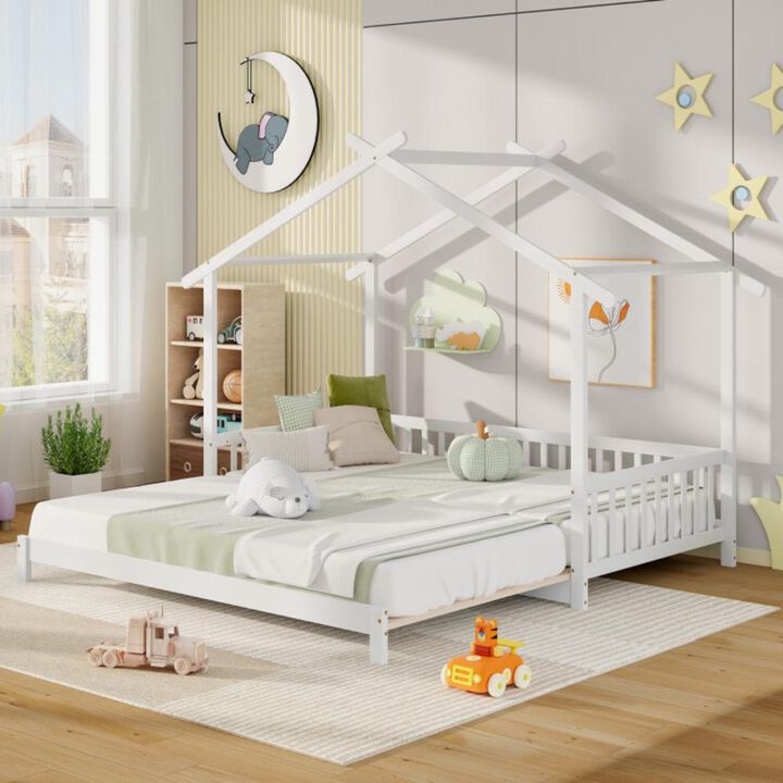 Hivvago Extendable House Bed Twin to King Daybed with Roof and Fence Rails