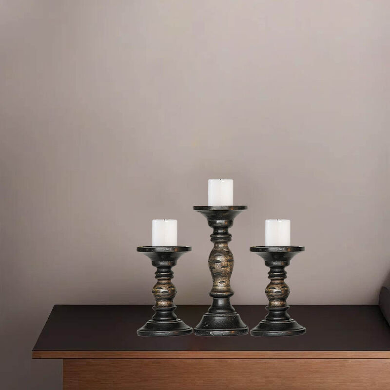 Traditional Dark Polish Eco-friendly Handmade Mango Wood Set Of Three 6",9" & 6" Pillar Candle Holder BBH Homes