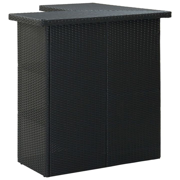 Outdoor Corner Bar Table, 3 Shelves, Black Rattan and Steel, 41 Inch - Benzara