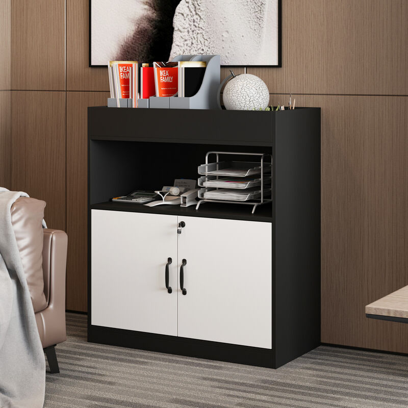 FUFU&GAGA Black & White Bookshelf with 2 Doors, 1 Open Shelf, and 1 Rack, Particle Board Construction with Laminate Finish (31.5" W x 35.4" H x 15.7" D),White