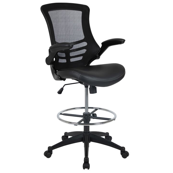 Flash Furniture Kelista Mid-Back Black Mesh Ergonomic Drafting Chair with LeatherSoft Seat | Adjustable Foot Ring, Flip-Up Arms | Comfort and Productivity