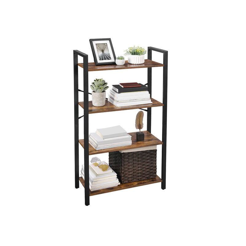 Living Room 4-Tier Ladder Bookshelf – Rustic Brown & Iron Frame