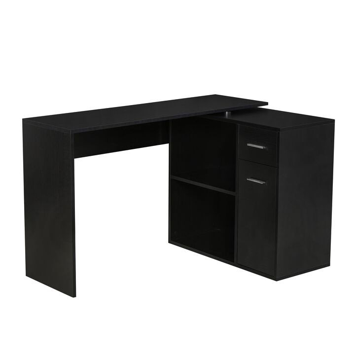 Black L-Shaped Desk: Corner Workstation, Rotating Shelves, Drawer