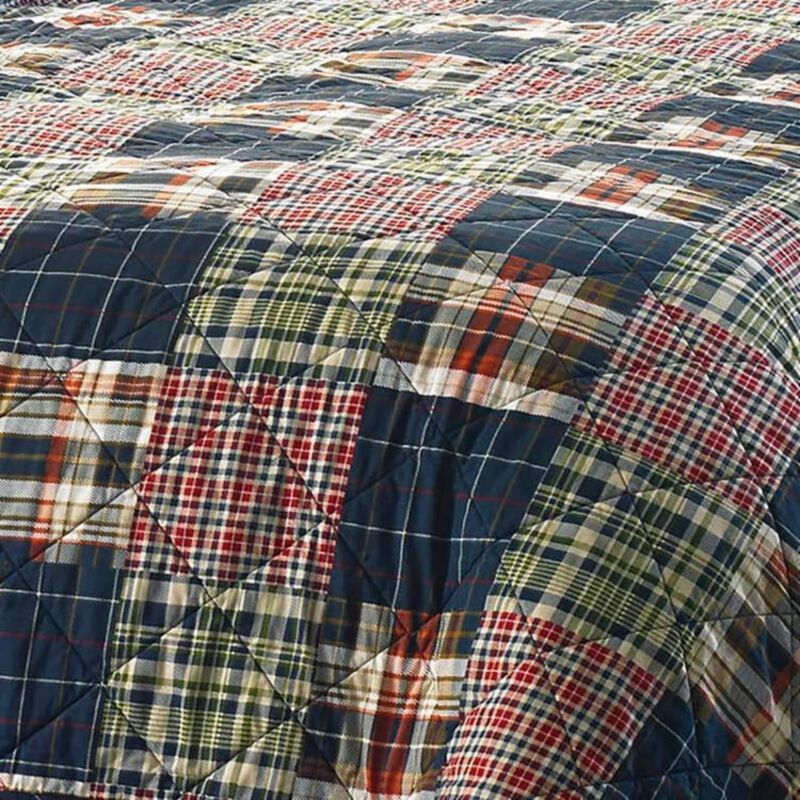 Hivvago King size Farmhouse Red Navy Plaid 100 Percent Cotton Reversible Quilt Set