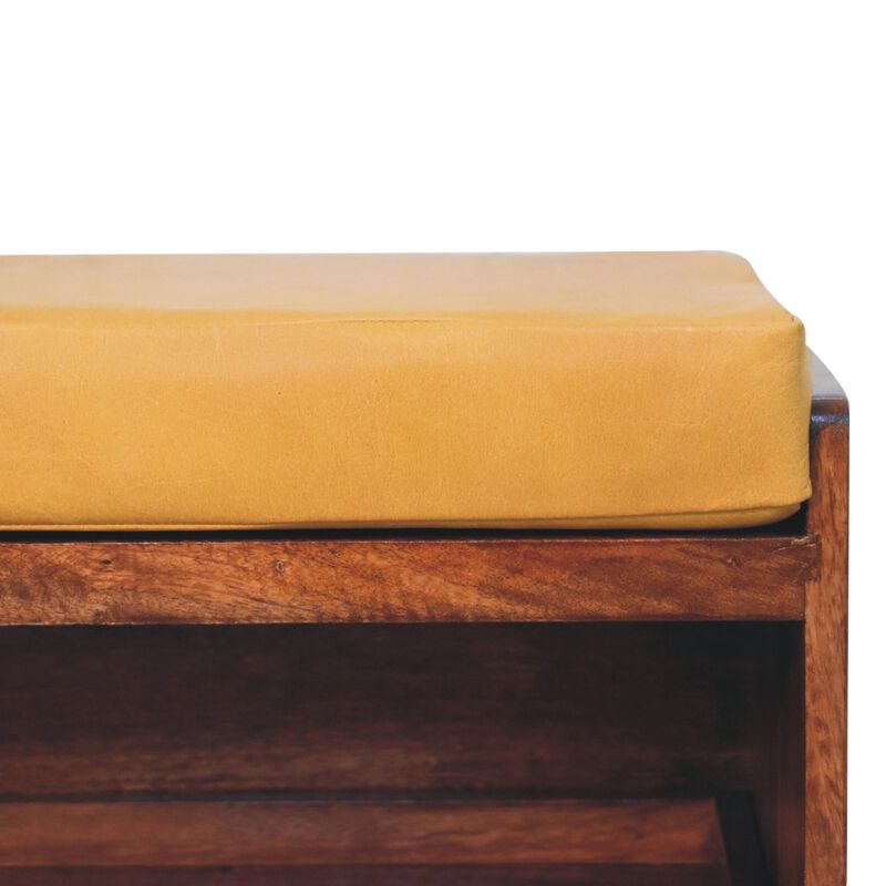 Artisan Furniture Solid Wood, Upholstered Buffalo Hide Pull out Honey Caramel Shoe Storage Bench