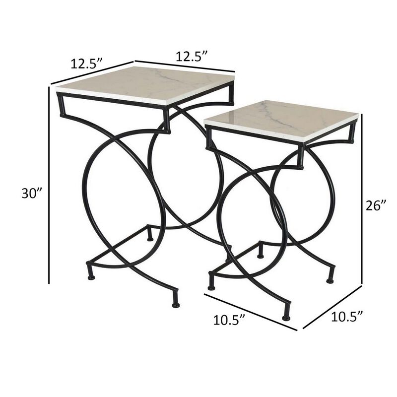 Set of 2 Plant Stand Tables, Square Marble Top, Geometric, Black Metal - Benzara