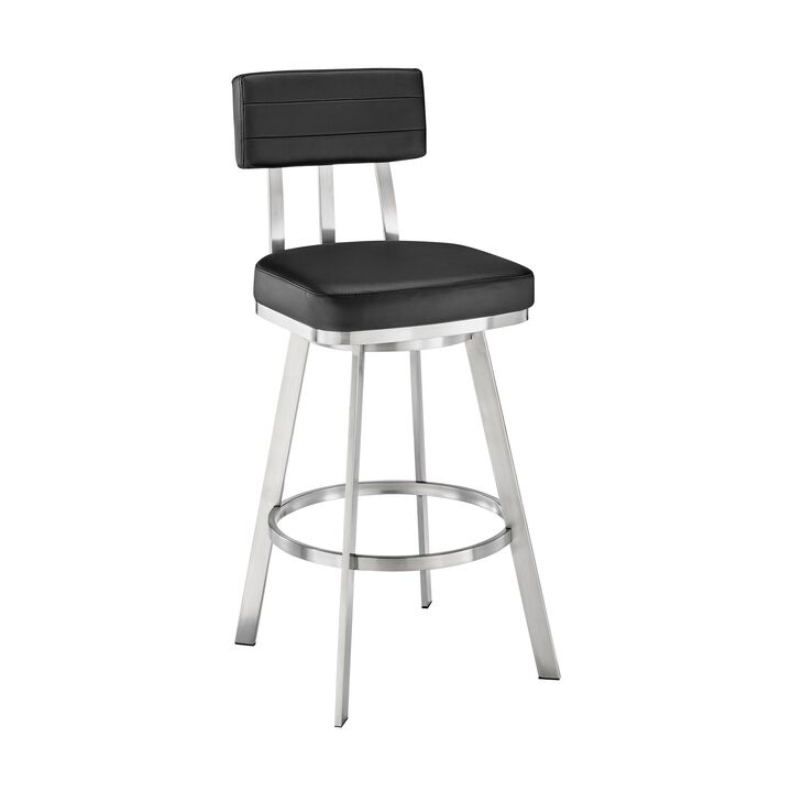 Poni 30 Inch Swivel Barstool Chair, Cushioned Seating, Black Faux Leather - Benzara Poni 30 Inch Swivel Barstool Chair, Cushioned Seating, Black Faux Leather - Benzara