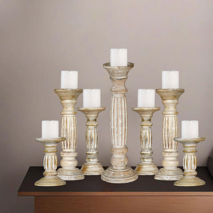 Traditional Antique White Eco-friendly Handmade Mango Wood Set Of Seven 6",9",12",15",12",9" & 6" Pillar Candle Holder