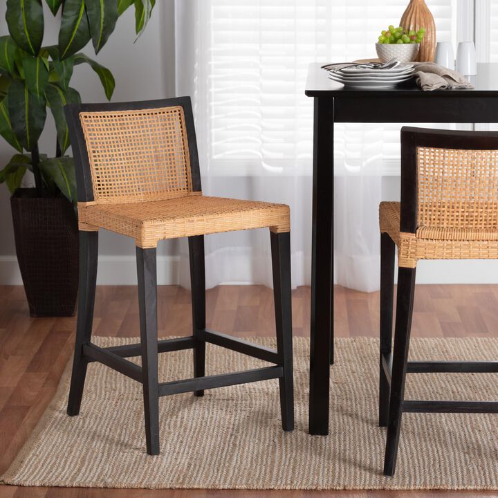 Bali & Pari Lingga Modern Dark Brown Mahogany Wood and Natural Rattan Counter Stool