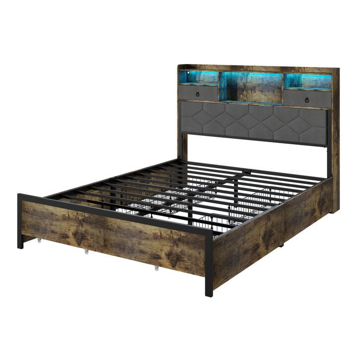 Bed Frame Queen Size with Drawers and Charging Station, Upholstered Platform Bed with Storage Headboard and LED Light, Heavy Duty Metal Frame Support, No Box Spring Needed, Noise Free, Vintage Brown