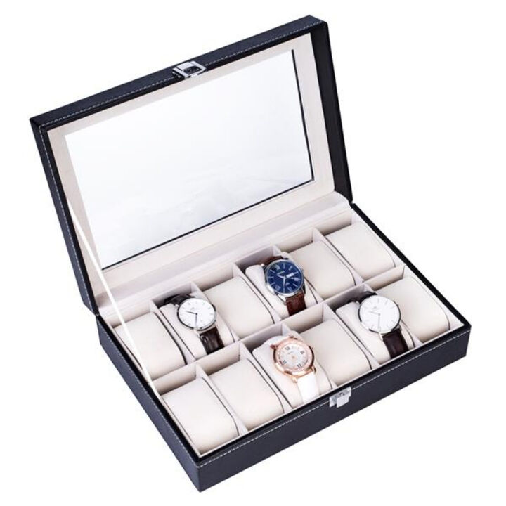 Luxury Leather Watch Box, 12 Compartments with Top-Level Opening for Watch Collection