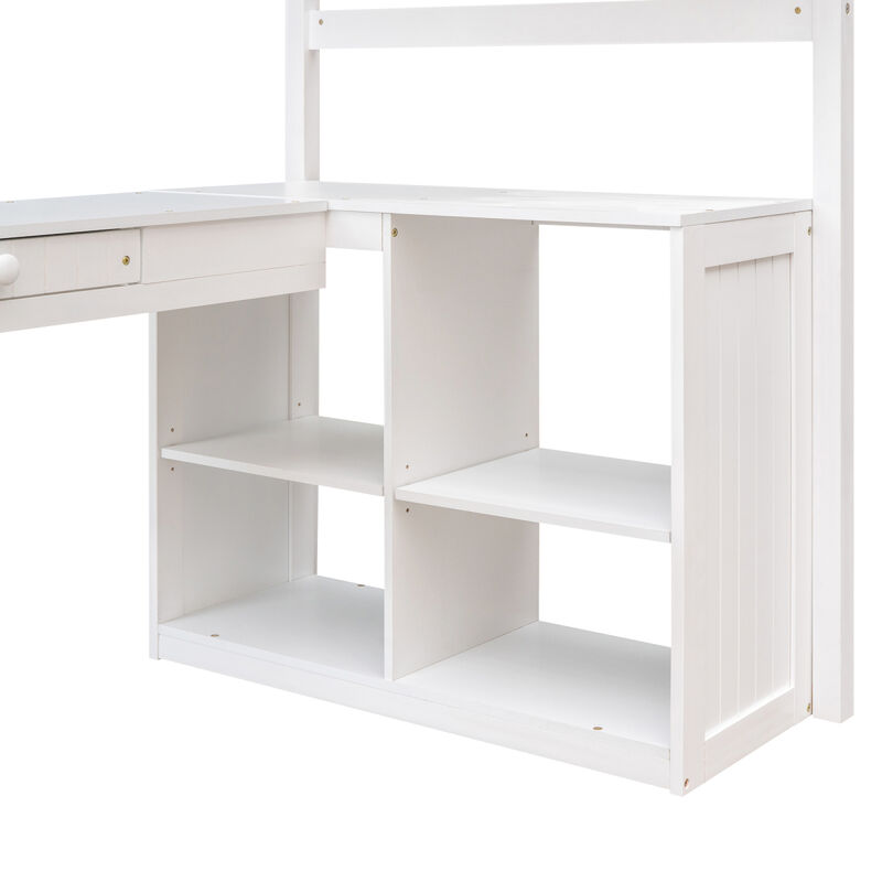 Twin Size Loft Bed With Drawers, Cabinet, Shelves And Desk, Wooden Loft Bed With Desk