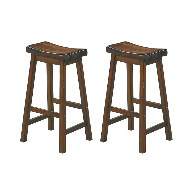 Wooden 29" Counter Height Stool with Saddle Seat, Distressed Cherry, Set Of 2-Benzara