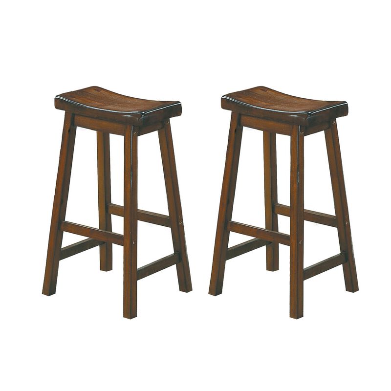 Wooden 29" Counter Height Stool with Saddle Seat, Distressed Cherry, Set Of 2-Benzara