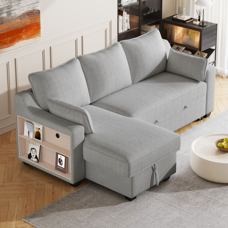 90" Pull Out Sleeper Sofa L-Shaped Couch Convertible Sofa with USB ports