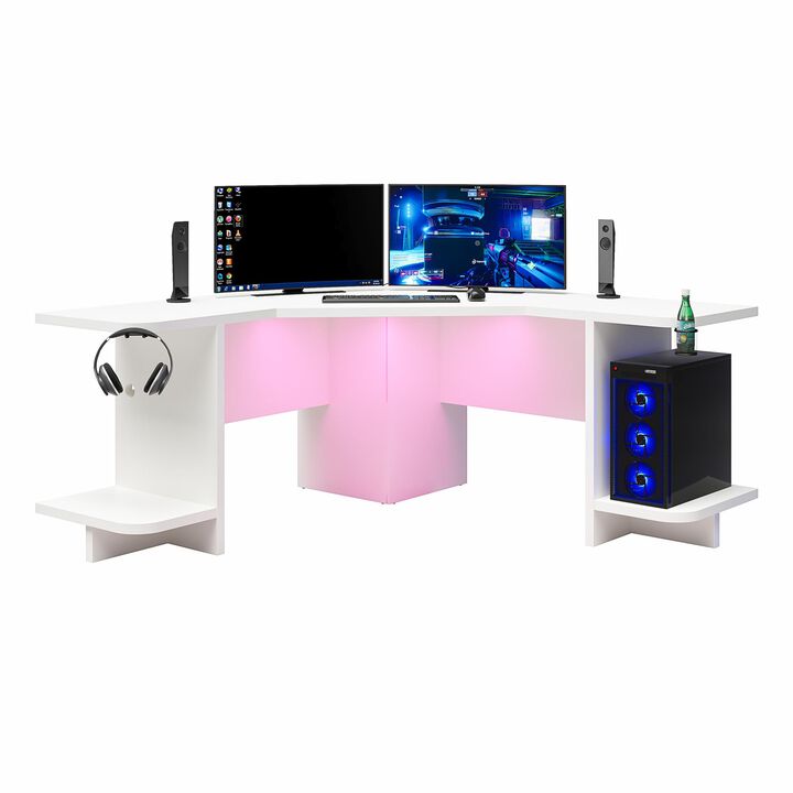 Mod Corner Gaming Desk with LED Light Kit, White