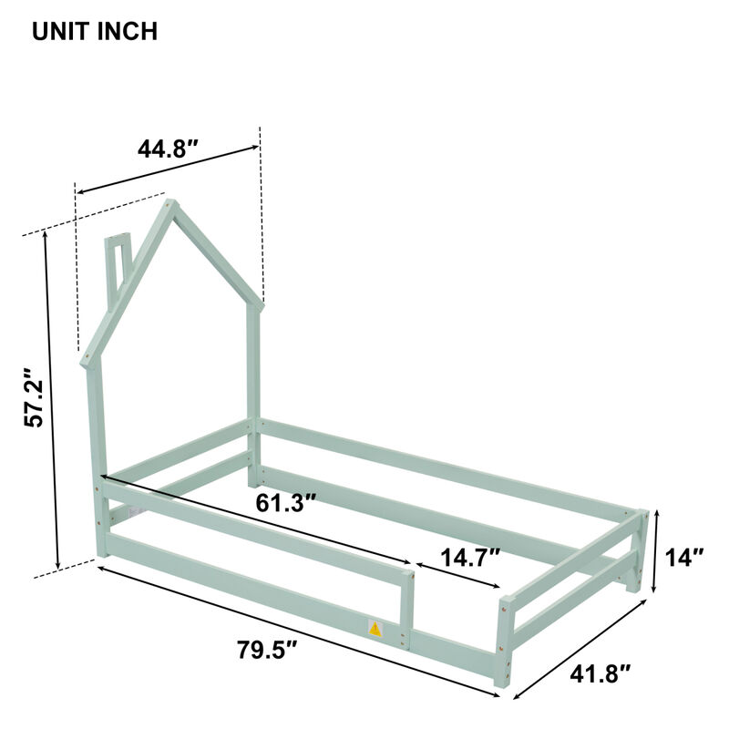 Twin Size Wood Bed With House-Shaped Headboard Floor Bed With Fences, Light Green