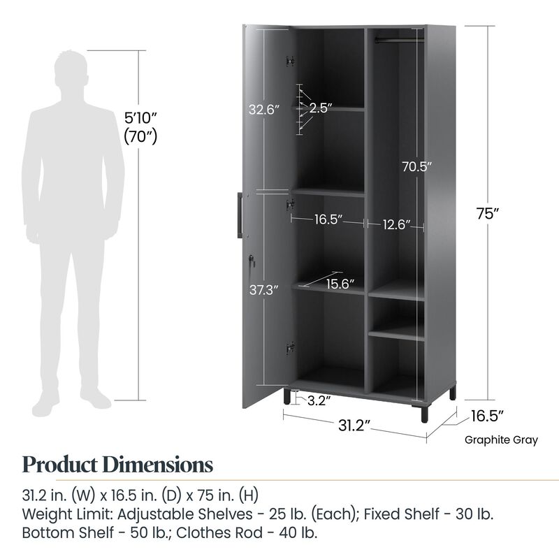 Shelby Tall Garage Storage Cabinet with 1 Door and Hang Rod, Graphite Gray