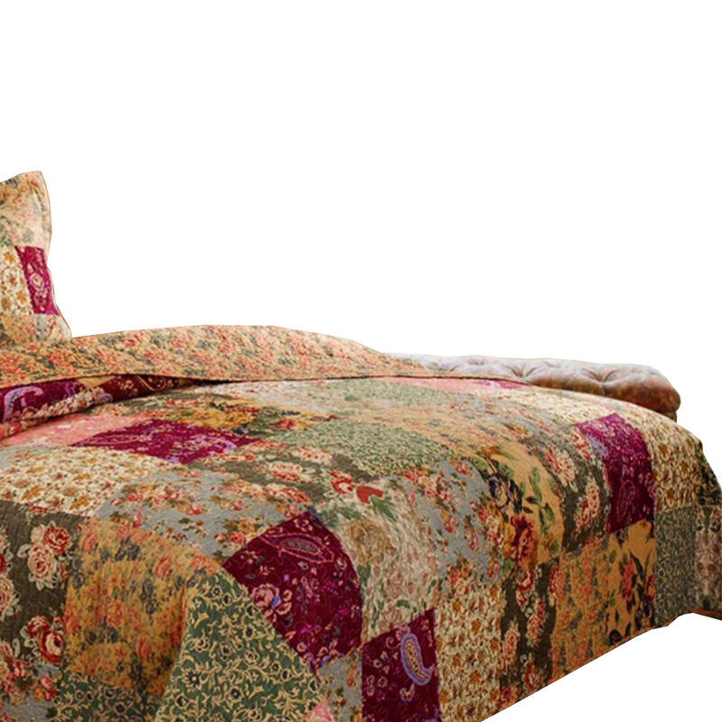 Kamet 3 Piece Fabric Full Size Bedspread Set with Floral Prints, Multicolor - Benzara