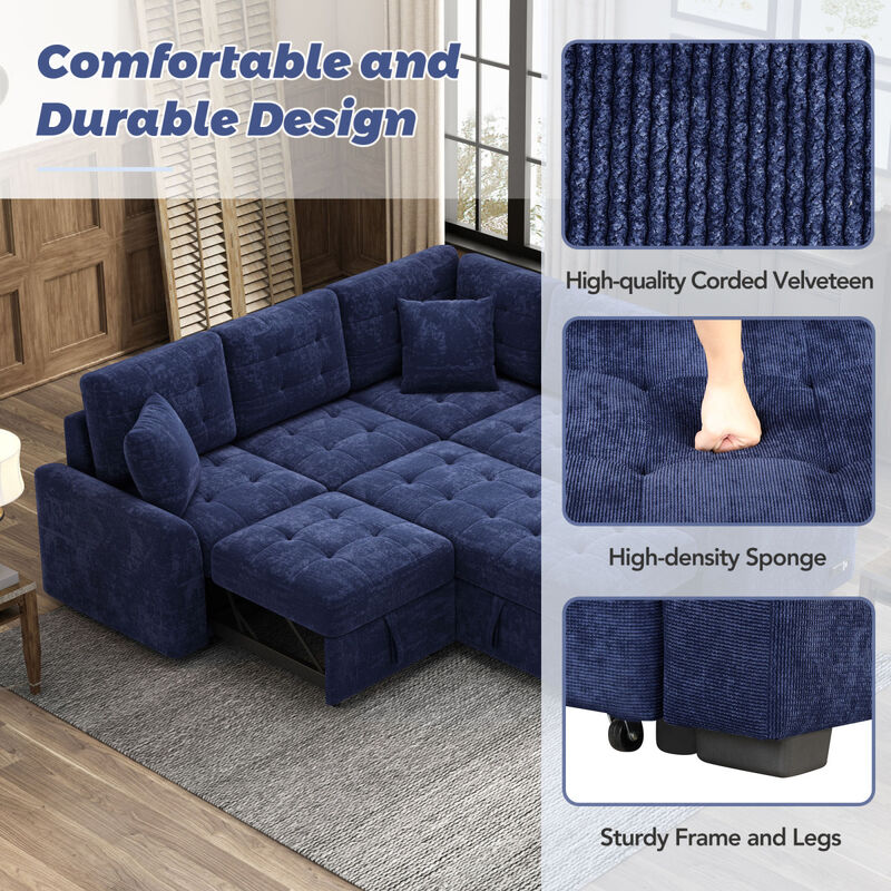 82.6" L-Shape Sofa Bed with USB Ports and Wheels, Navy Blue