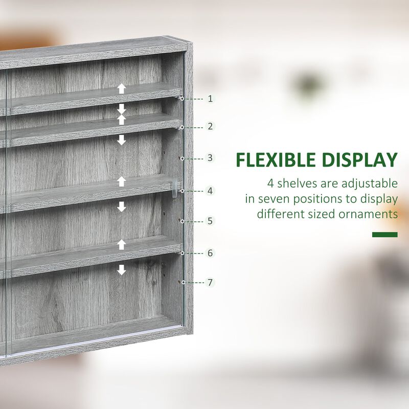 Gray Display Case: 5-Tier Wall-Mounted Glass Cabinet with Doors