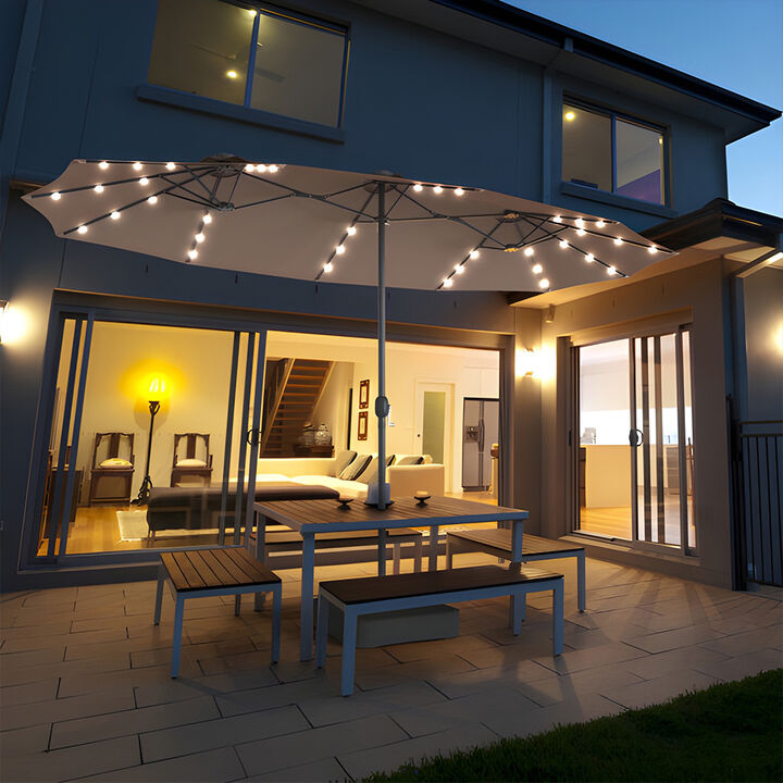 15 Ft Patio LED Crank Solar Powered 36 Lights  Umbrella without Weight Base